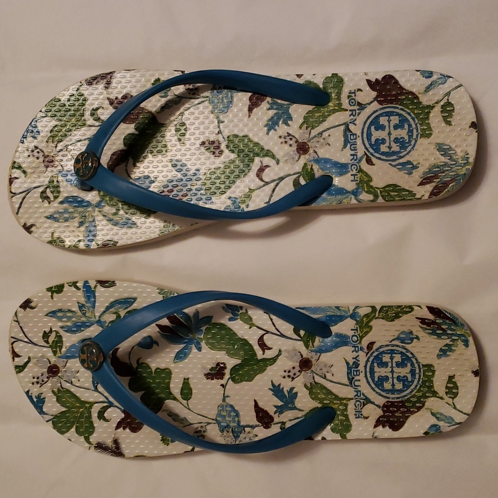 Tory Burch Flip Flops Turquoise Thong Turquoise/Green Floral Print Footbed Sz 7